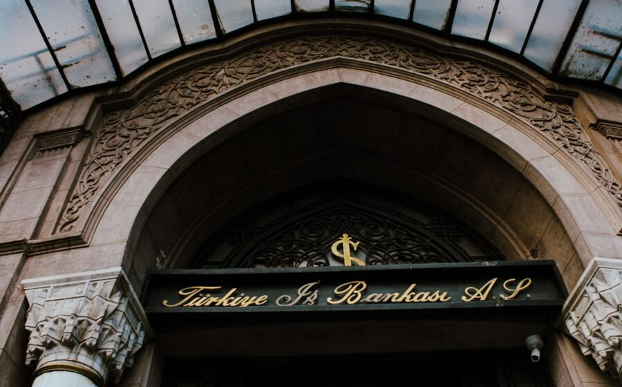 Elegant entrance of Türkiye İş Bankası with architectural details in Istanbul.